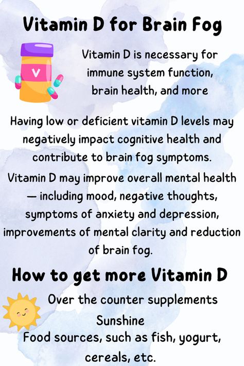 Vitamin D may help improve mental clarity and reduc brain fog or fibro fog. Follow Everyday with Erin for more fibromyalgia tips. 💜✨ #brainfog #fibrofog #vitamind #vitamins #mentalwellness #fibromyalgia #chronicillness #chronicfatiguesyndrome #invisibleillness Vitamins For Brain Fog, Injectable Vitamins, Autoimmune Diet Plan, Brain Fog Remedies, Brain Fog Causes, Fibermyalgia Symptoms, Vitamin Charts, Fibro Fog, Walking For Health