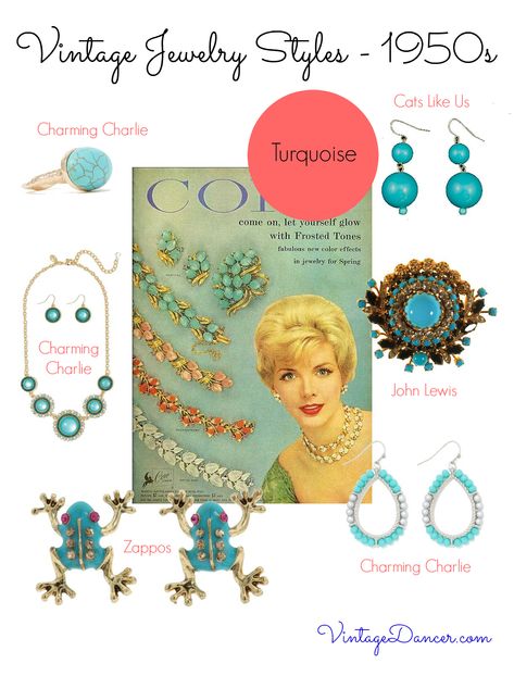 1950s jewelry trends: turquoise and coral were common colors of costume jewelry. 50s Jewelry 1950s, 1950 Jewelry, Energy Types, 1950s Accessories, 1950s Jewelry Style, 1950s Costume, Modern Hippie Style, Jewelry Facts, Playful Jewelry