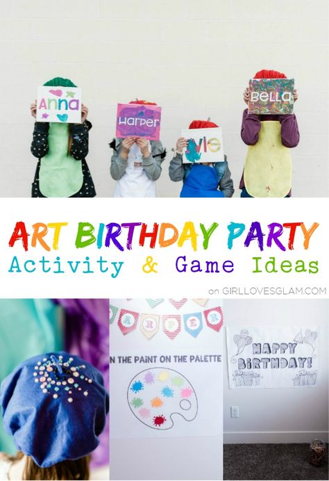 Art Birthday Party Activity and Game Ideas Girls Art Party Activities, Craft Party Games, Art Birthday Party Activities, Paint Party Activities, Art Birthday Party Games, Art Themed Party Games, Art Party Kids Birthday, Art Party Activities For Kids, Paint Party Games