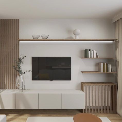 Tv Wall Ideas Scandinavian, Scandinavian Interior Tv Wall, Wall Shelves Over Tv, Scandinavian Living Room Tv Wall, Living Room Tv Wall Ideas Small Apartments Interior Design, Small Tv Wall Design, Scandi Tv Wall, Christina On The Coast Living Room, Off White Couch Living Room