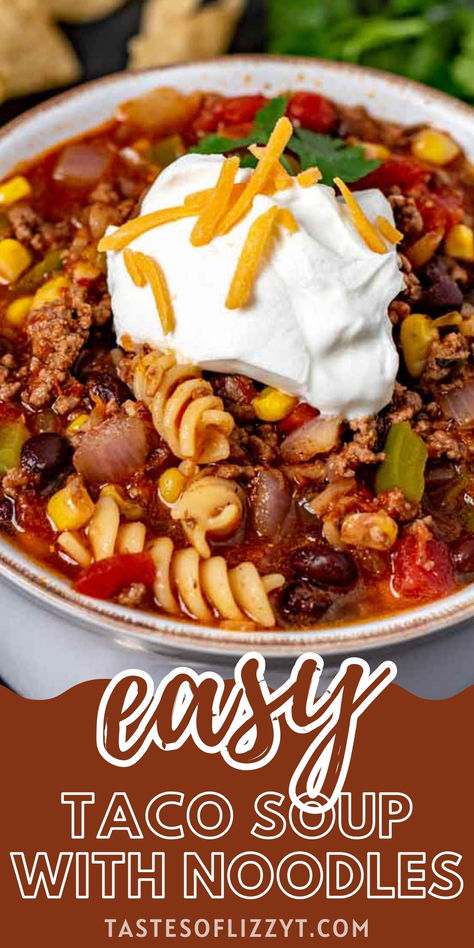 Whip up a comforting bowl of taco soup in under 30 minutes! Packed with ground beef, black beans, corn, tomatoes, and pasta, this simple recipe is loaded with Mexican flavors and perfect for a quick weeknight dinner. Top with sour cream, cheese, and tortilla chips for extra deliciousness. Whether you make it on the stovetop or in the slow cooker, it’s a hearty meal the whole family will love. Taco Soup With Pasta, Black Bean Taco Soup, Sweet Corn Muffins, Soup With Noodles, Taco Soup Ingredients, Oven Tacos, Beef And Veggies, Main Entree Recipes, Oven Roasted Corn