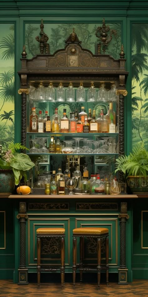 Classical Bar Design, Eclectic Home Bar, Maximalist Bar, Homestead Cottage, Gold Moodboard, Best Bar Design, Funky Bar, Bohemian Bar, House Aesthetics