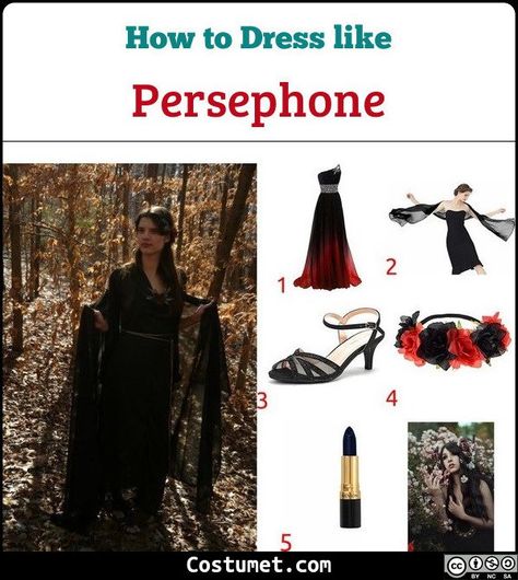 For Persephone costume, you can wear a black and red Greek gown, black and red flowers, black heels, and a black lipstick.             #Female #female #misc #goth #Greek #myth #goddess Greek Goddess Persephone Costume, Persephone Goddess Costume, Persephone Costume Ideas, Hades And Persephone Cosplay, Persephone Costume Halloween, Persephone Inspired Outfit, Persephone Halloween Costume, Persephone Aesthetic Outfit, Hades And Persephone Costume