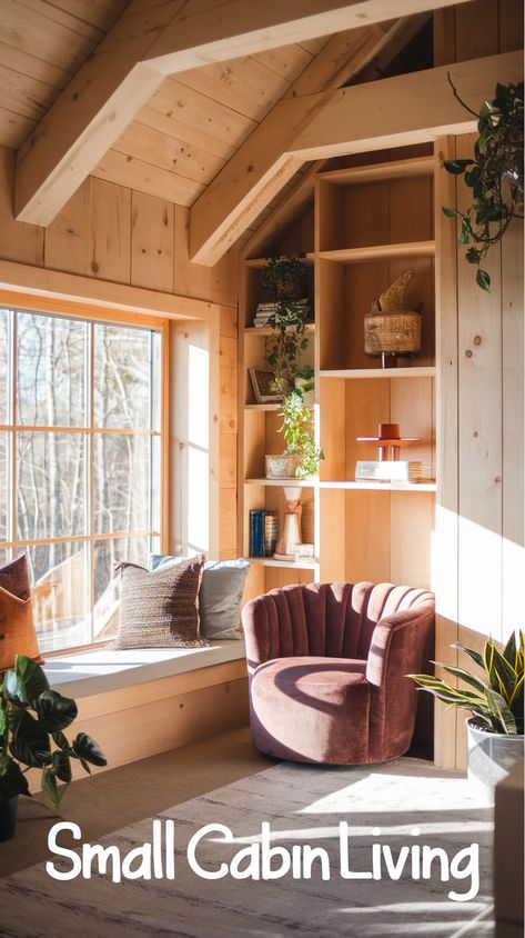 Cozy rustic-modern cabin interior with reading nook, sunlight, storage solutions, velvet armchair, potted plants, and earthy textiles. Cozy Small Cabin, Small Cabin Interior Ideas, Cabin Interior Ideas, Small Cabin Interiors, Cabin Interiors, Small Cabin, Clever Storage Solutions, Clever Storage, Maximize Space