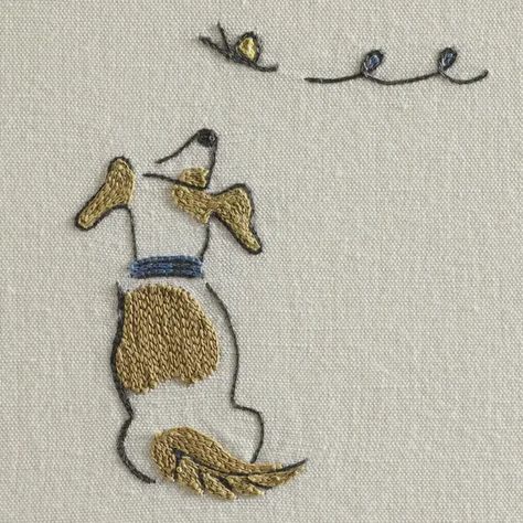 Chelsea Textiles | Dogs chasing butterflies | Domenica More Gordon |… Sulaman Pita, Free Motion Embroidery, Sewing Embroidery, Animal Embroidery, 자수 디자인, Simple Embroidery, Hand Embroidery Art, Product Ideas, Crewel Embroidery