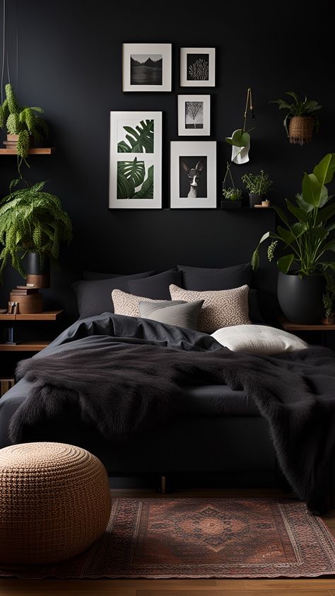 Edgy Sophistication: Black Decor for Contemporary Bedrooms Dark Boho Goth Decor, Dark Room Wall Decor, Stormy Bedroom Ideas, Black Cozy Room, Dark Industrial Bedroom, Goth Aesthetic Room, Cozy Dark Bedroom, Dark Cozy Bedroom, Simple Bed Designs