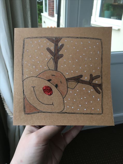 Xmas Card Ideas Handmade, Xmas Cards For Kids, Cute Diy Christmas Cards, Simple Christmas Card Ideas, Christmas Cards Handmade Easy, Christmas Cards Reindeer, Reindeer Drawing, Reindeer Christmas Card, Christmas Cards Drawing