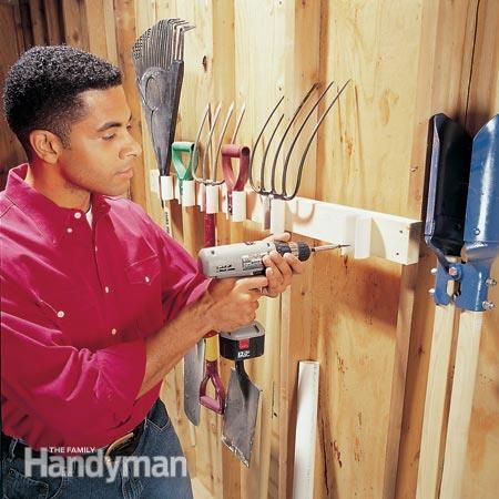 Pipe Tools, Shed Organization, The Family Handyman, Yard Tools, Garage Organize, Tool Rack, Garage Shed, Garden Tool Storage, Shop Organization