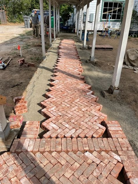 Exterior Update: Our Herringbone Brick Patio Is *Almost* Installed - Emily Henderson Herringbone Brick Patio, Brick Installation, Landscape Paving, Herringbone Brick, Brick Driveway, Brick Paver Patio, Brick Patterns Patio, Brick Pathway, Patio Layout