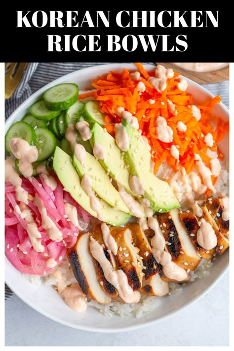 Korean Chicken Rice Bowls are a fresh and healthy rice bowl recipe topped with Korean-inspired chicken, avocado, cucumbers, shredded carrots, pickled red onions, and a spicy mayonnaise on top! Teriyaki Chicken Sushi Bowl, Chicken Avocado Rice Bowl, Korean Chicken Bowl, Chicken Poke Bowl Recipe, Chicken Rice Bowl, Chicken Sushi, Rice Bowls Healthy, Teriyaki Chicken Rice Bowl, Teriyaki Chicken Bowl