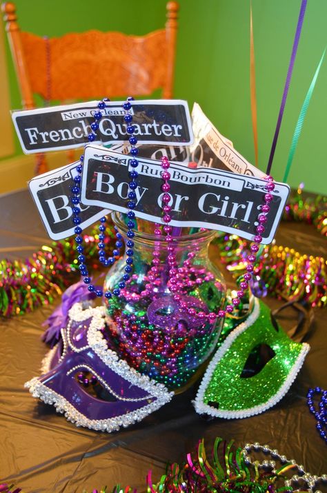 Mardi Gras gender reveal party Mardi Gras Theme Gender Reveal, Mardi Gras Gender Reveal Ideas, Mardi Gras Baby Shower Theme, Mardi Gras Gender Reveal, Adam Joseph, Nola Style, Mardi Gras Party Decorations, Ariel Baby, Trendy Baby Shower Themes