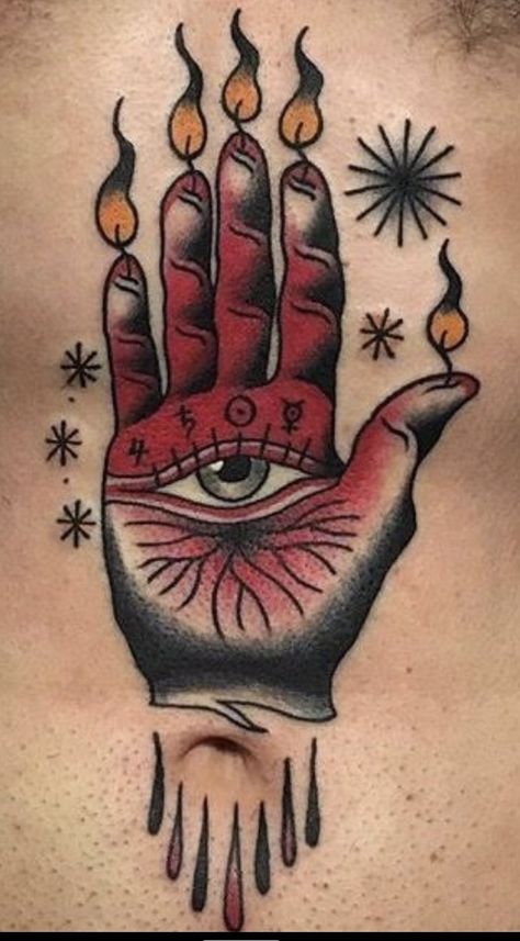 Occult Traditional Tattoo, Stomach Tattoos Traditional, Hand Of Glory Tattoo, Muppet Tattoo, American Traditional Hand, Gothic Traditional Tattoo, Cult Tattoo, Pentacle Tattoo, Traditonal Tattoo