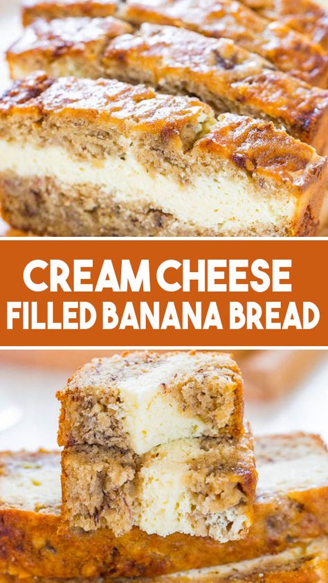 The BEST recipe for homemade banana bread is cream cheese-filled banana bread. This banana bread has a cheesecake flavor to it. Soft, fluffy, simple, ... Soft Banana Recipes, Cream Cheese Filled Banana Bread, Cream Cheese Banana Bread Recipe, Cheesecake Banana Bread, Banana Bread Cheesecake, Banana Bread Cream Cheese, Cream Cheese Banana Bread, Comfort Dinner, Easy Cheese Recipes