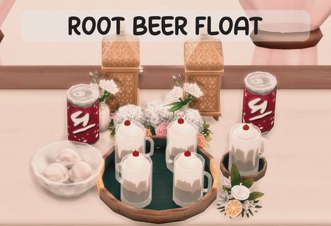 Sims 4 Cc Drink Tray, Sims 4 Cc Drinkable Drinks, Functional Drinks Sims 4, Cooking For A Group, Drinks Tray, Root Beer Float, Ice Cream Toppings, Vanilla Ice Cream, Menu Restaurant