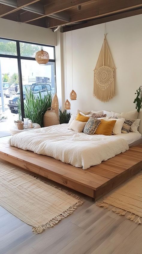 23 Modern Boho Bedroom Ideas You’ll Love Instantly Modern Boho Bedroom Ideas, Large Floor Vase, Modern Boho Bedroom, Bedroom Vibes, Wicker Headboard, Boho Bedroom Ideas, Neutral Bedding, Macrame Backdrop, Wooden Platform Bed