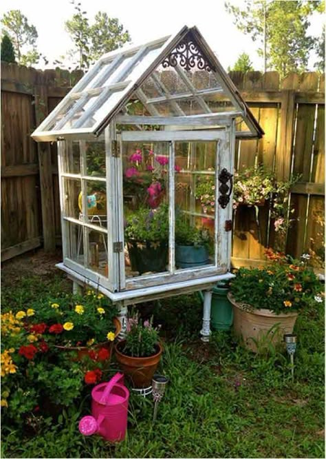 Window Greenhouse, Miniature Greenhouse, Old Window Projects, Build A Greenhouse, Small Greenhouse, Greenhouse Plans, Diy Greenhouse, Yard Project, Garden Greenhouse