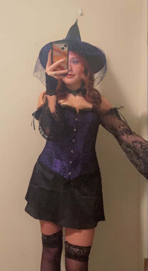 Purple Costume Ideas Halloween, Purple Vampire Costume, Purple Corset Halloween Costumes, Purple Hair Halloween Costumes Ideas, Purple Witch Costume, Purple Underbust Corset For Costume Party, Purple Witch Costume Women, Purple Halloween Costumes, Purple Cosplay Costume For Halloween