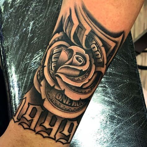 Money Rose Tattoo Design, Rose Money Tattoo, Money Tattoo Ideas For Men, Money Sleeve Tattoos, Money Rose Tattoo Stencil, Men Rose Tattoo, 100 Dollar Bill Tattoo, Rosen Tattoo Mann, Tattoos Money