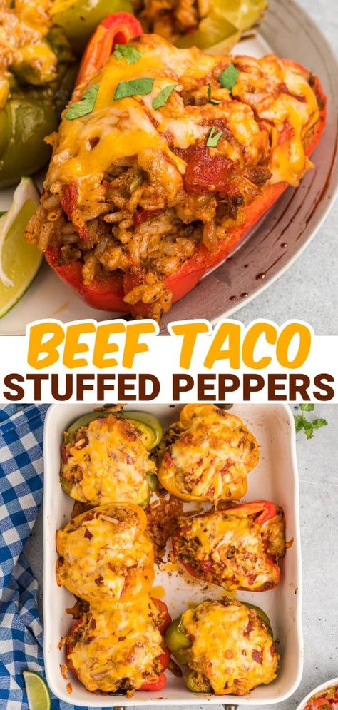 Taco Stuffed Peppers are an easy weeknight dinner recipe made with bell peppers stuffed with a ground beef, rice and taco sauce mixture and baked with cheese on top. Green Pepper Tacos, Taco Stuffed Peppers With Rice, Bell Pepper Tacos, Taco Stuffed Bell Peppers, Ground Beef Peppers, Stuffed Bell Peppers Ground Beef, Best Stuffed Pepper Recipe, Easy Stuffed Pepper Recipe, Bell Peppers Stuffed