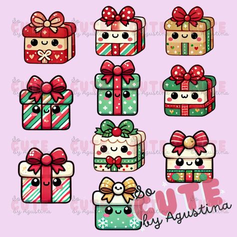 Kawaii Christmas gift clipart bundle PNG files, cute designs for holiday crafts and cards. Kawaii Art Supplies, Christmas Kawaii Drawing, Kawaii Christmas Drawings, Christmas Gift Clipart, Christmas Gift Illustration, Presents Illustration, Present Clipart, Gift Clipart, Christmas Kawaii