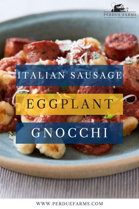 Searching for a delicious gnocchi recipe? Niman Ranch’s famous Italian sausage is combined with Eggplant, tomatoes and garlic and served atop gnocchi. Complete this recipe with a fresh basil garnish and a sprinkle of Parmesan. #eggplant #eggplantrecipes #sausage #sausagerecipes #gnocchi #gnocchirecipes #pasta #pastarecipes #recipe #recipes #comfortfood #comfortfoodrecipes Gnocchi Eggplant, Recipes Using Gnocchi, Beef Tenderloin Filet Mignon, Filet Mignon Roast, Sausage Gnocchi, Make Gnocchi, How To Cook Gnocchi, Cheddar Mac And Cheese, Uncured Bacon