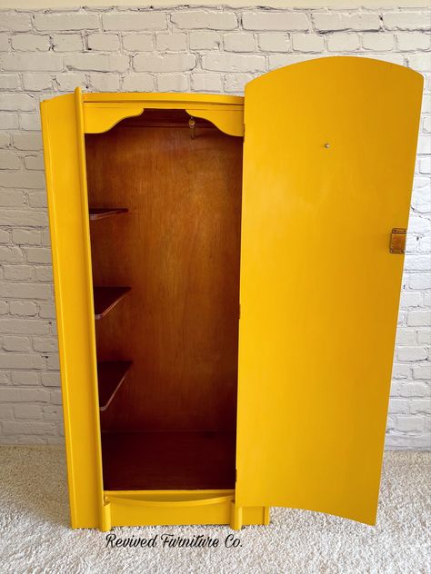 Mustard yellow antique armoire. Antique Armoire, Paint Stains, Something Old, Mustard Yellow, The Line, Old And New, Armoire, Trash Can, Mustard