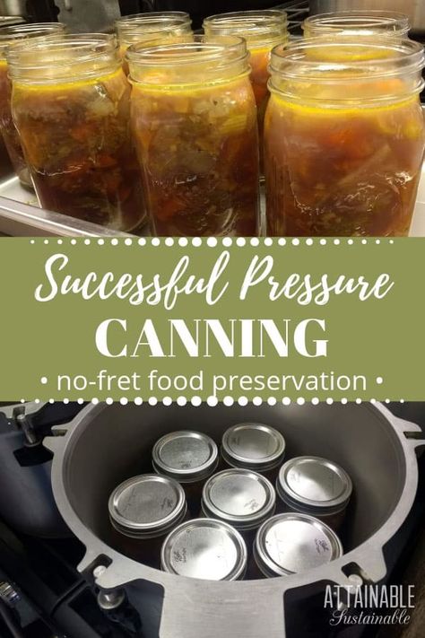 Pressure canning can seem intimidating when you are just learning how to preserve food at home. These tips will help you confidently use your pressure canner. You'll need to know which foods need to be pressure canned, how to adjust for elevation, and how often to calibrate and maintain your pressure canner. #foodpreservation #canning #homestead Canned Stew, Preserving Produce, Attainable Sustainable, Canning Pressure Cooker, Canning Granny, Pressure Canning Recipes, Canning Kitchen, Stock Your Pantry, Canning Vegetables