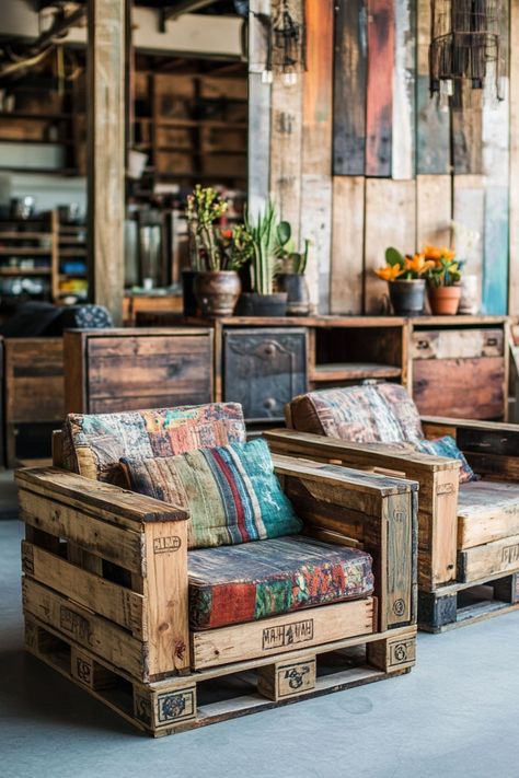 Two rustic wooden armchairs with colorful cushions in an industrial-style room. Furniture Made With Pallets, Creative Outdoor Furniture, Upcycle Pallets Diy, Pallet Diy Ideas, Rustic Lounge Ideas, Pallet Seating Outdoor, Pallet Board Projects, Cabin Decorating Ideas Rustic, Unique Furniture Diy