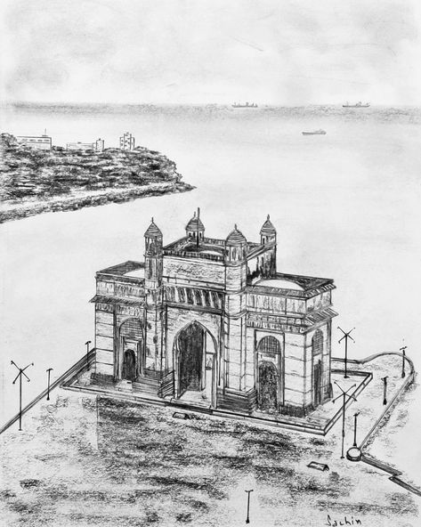 Gateway Of India Sketch, Gateway Of India, Charcoal Sketch, Sketch Pencil, Pencil Sketches, Pen Sketch, Pencil Sketch, Big Ben, Sketch