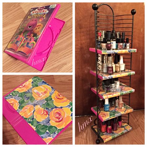 Repurpose old dvd rack into nail polish shelf Dvd Case Crafts, Dvd Rack, Nail Polish Shelf, Cd Rack, Front Porch Ideas Curb Appeal, Repurposed Items, Front Porch Ideas, Craft Room Organization, Garden Seating