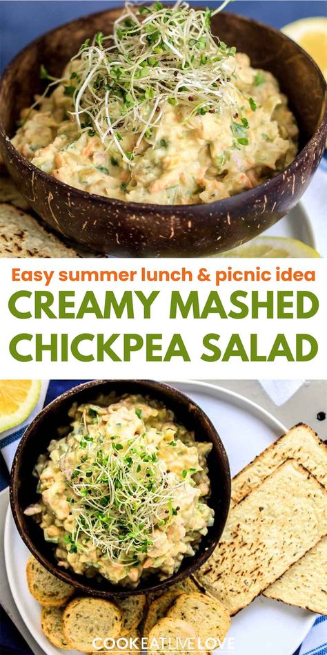 Whip up this creamy chickpea salad in just 15 minutes for the perfect summer lunch or picnic! Combining chickpeas, creamy avocado, and Greek yogurt, this salad is a healthy, easy-to-make option that’s bursting with flavor. This versatile creamy chickpea salad is perfect in wraps, sandwiches, and for topping your summer salads. Get this delicious easy recipe here. #picnicfoodideas #summerlunches #summersalads Plant Based Salad Dressing, Mashed Chickpeas, Creamy Chickpea, Chickpea Sandwich, Avocado Mayo, Summer Picnic Food, Creamy Mash, Tasty Lunch, Vegetarian Salads