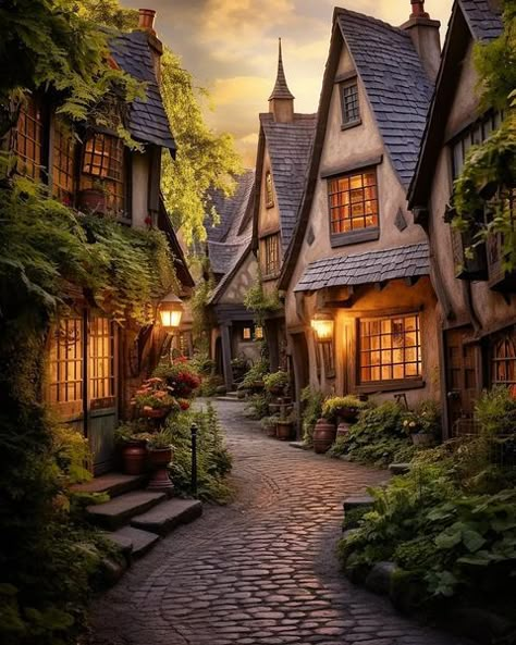 European Village Houses, English Village Cottages, Bloxburg Village, Cottagecore Village, Hobbit Village, Storybook Village, Cute Village, Fairytale Village, Front Yard Flower Bed