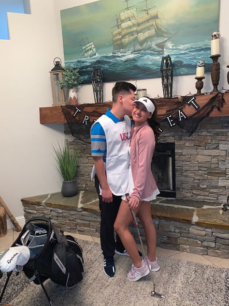 Caddy And Golfer Costume Couple, Golfer Couple Costume, Golf Couple Halloween Costumes, Couples Golf Costume, Caddy And Golfer Costume, Country Club Halloween Costume, Golf Caddy Halloween Costume, Golf Couple Costume, Golf Halloween Costume Couples