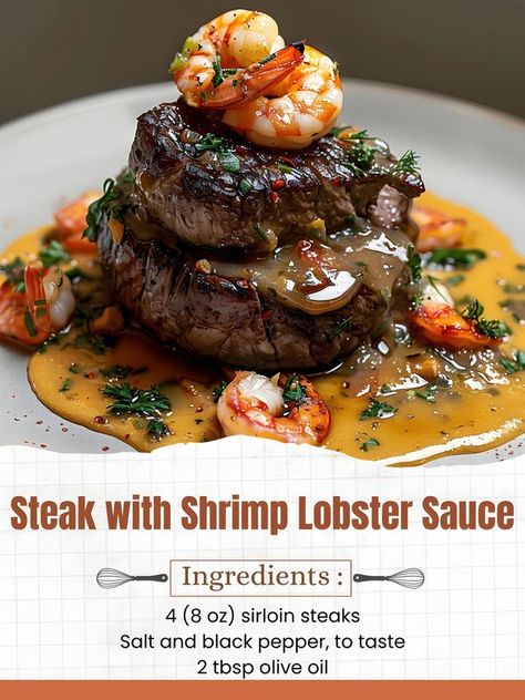 Shrimp And Lobster Sauce, Lobster Sauce Recipe, Steak With Shrimp, Herb Butter For Steak, Lobster Cream Sauce, Steak And Lobster, Lobster Sauce, Pan Seared Steak, Steak And Shrimp