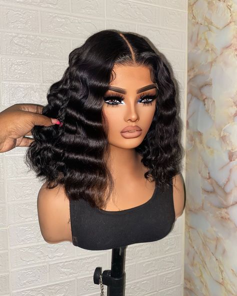 PARIS Bob JET BLACK ✨ 5x5 HD lace GLUE-LESS unit Crimps Available for purchase Hair: Raw Indian exotic deep wavy 🤎 TEXT TO ORDER: 484-475-6470 or click the link in bio for EXPRESS SHIPPING -Hair: raw Indian luxe wave with 5x5 HD closure -Size: 21”-23” circumference -Elastic Adjustable Band for glue-less wear ALL Custom signature units include: ✅Custom machine made ✅Tailored to fit clients head measurements ✅Premium Bundles & HD lace included ✅Glue-less/easy install Skip the salon... Crimp Lace Front Wig, Bob With Crimps, Crimp Bob, Loose Deep Wave Bob, Paris Bob, Crimp Hairstyles, Deep Wave Bob Wig, Beautiful Natural Curly Hair, Deep Wave Bob