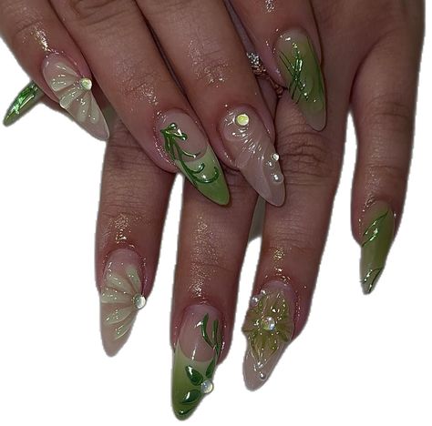 Green Quinceanera Nails Short, Tinker Bell Nails Designs, Fairy Nails Green, Green 3d Nails, Fairy Themed Nails, Poison Ivy Nails Designs, Green Nails Design Ideas, Fairy Nail Ideas, Tinkerbell Nails Designs