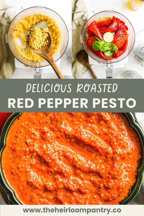 Roasted red pepper pesto made with roasted red peppers, basil, garlic, Parmigiano-Reggiano, Pecorino Romano, and toasted pine nuts. Red Pepper Sandwich, Pepper Sauce For Steak, Roasted Red Pepper Pesto, Pizza Panini, Red Pepper Pasta Sauce, Red Pepper Pesto, Ravioli Sauce, Pepper Pesto, Paleo Vegetables