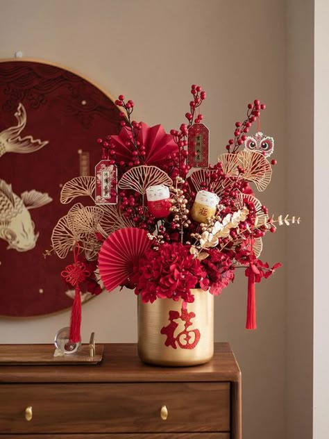 New Year Flower Arrangement, Tet Decoration, Cny Decoration, Lunar New Year Party, Tea Ceremony Wedding, Chinese Deco, Chinese New Year Decor, Chinese New Year Flower, Chinese New Year Decoration