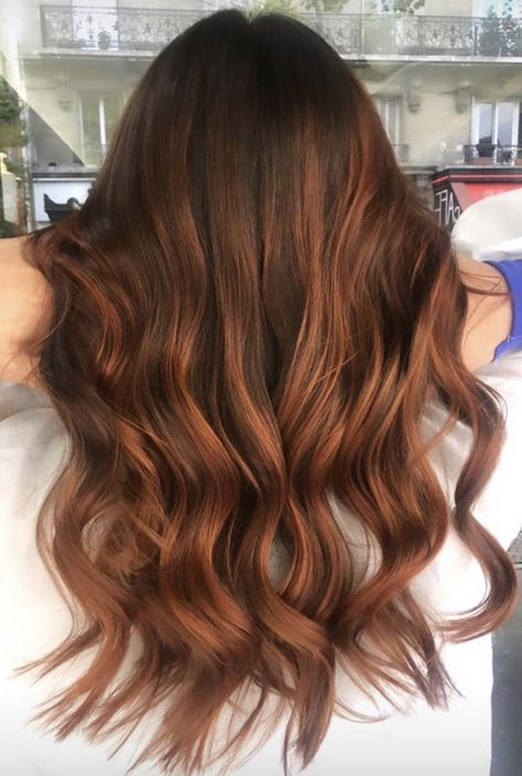 Balayage Hair Cooper, Brunette Copper Hair Balayage, Copper Highlights On Brown Hair Caramel, Reddish Brown Hair With Highlights Caramel Red, Light Brown Red Balayage, Cooper Balayage Hair, Cooper Highlights On Brown Hair, Red Tinted Brown Hair, Warm Red Brown Hair