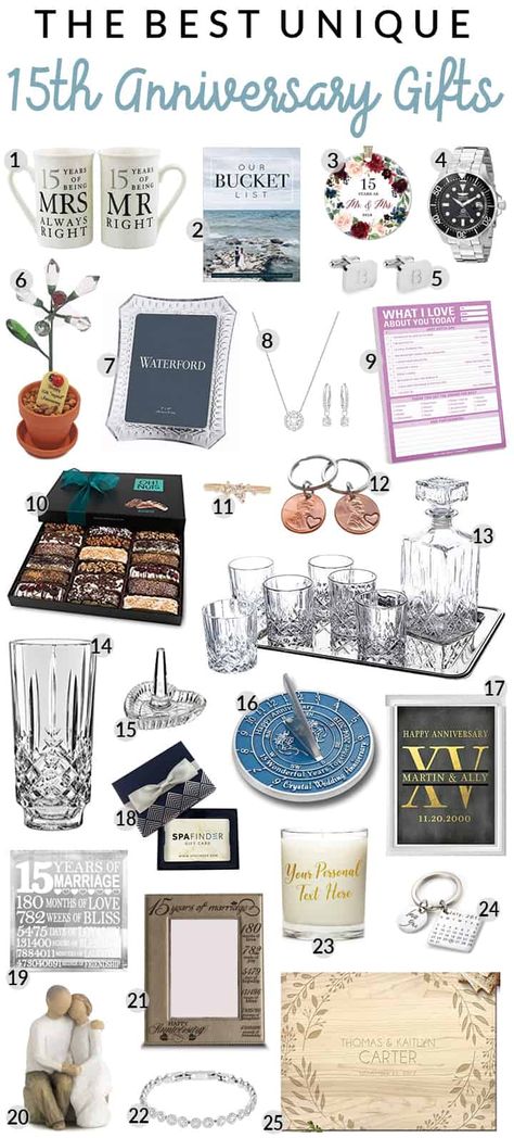 20+ Wonderful 15th Anniversary Gift Ideas (These Are Perfect!) Celebrate your 15th wedding anniversary with these great 15th anniversary gift ideas in this gift guide. #gifts #giftguide #giftideas #15anniversary #15thanniversary 15 Year Anniversary Ideas, 15 Year Anniversary Gift Ideas For Him, 15th Anniversary Idea, 15 Year Wedding Anniversary, Anniversary Ideas For Him, 15th Anniversary Gift, Spa Gift Card, December Gift, 15th Wedding Anniversary