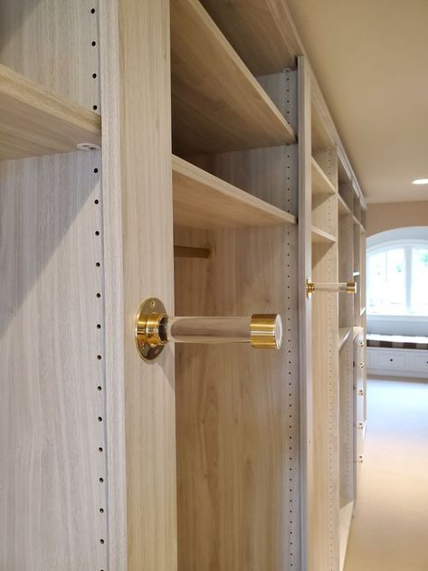 White Closet With Gold Hardware, Valet Rod In Closet, White Custom Closet, Closet Hardware Ideas, Two Tone Closet, Custom Walk In Closet, Walkin Closets Design, Valet Rod, Primary Closet