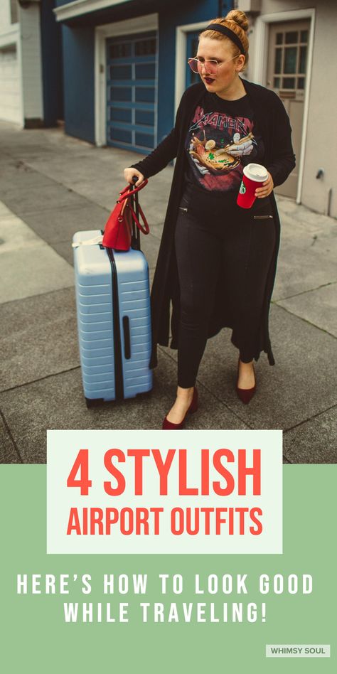 Best airport outfits to keeping you looking  chic and comfortable as you travel during the holiday season. Leather leggings, print t-shirt, kendall jenner airport style, green jumpsuit, red skirt, cute purse  read more here: https://whimsysoul.com/4-stylish-airport-outfit-ideas-to-look-chic-af-while-traveling/ #traveloutfit #chic #airportstyle Midsize Airport Outfit, Travel Outfit Plane Summer Airport Style, Cute Travel Outfits Airport Chic, Airport Outfit Plus Size, Plus Size Travel Outfits Airport Style, Kendall Jenner Airport Style, Plus Size Travel Outfits, Kendall Jenner Airport, Fall Airport Outfit