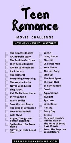 Romance Movies To Watch List, Teen Movies To Watch, Romance Movies To Watch, Teen Romance Movies, Movies To Watch List, Movies Romance, Movie Challenge, Best Teen Movies, Romcom Movies