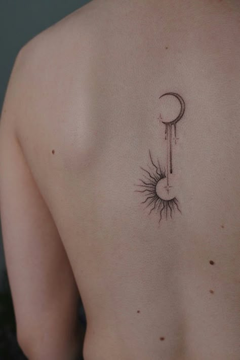 Artist Daria Iatskevich @birdy.ink on instagram #ink #sunandmoon #sunmoon #sunandmoon #Sunmoontattoo #blackink #delicatetattoo #backtattoo #moontattoo Water Sun Tattoo, Mushroom Tattoo Ideas, Tattoo Sonne, Sunflower Tattoo Sleeve, Mystical Tattoos, Planet Tattoos, Mushroom Tattoos, Small Pretty Tattoos, Simple Tattoo Designs