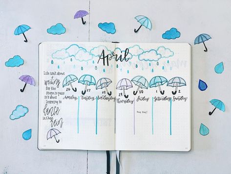 Jaclyn K (@jaclyns.journal) posted on Instagram: “I am so very behind on posting my April Spread so here’s a three week catch up! ☔️💧🌧 #bulletjournal #bujo #bulletjournalumbrella…” • Apr 27, 2021 at 4:57pm UTC April Bujo Weekly Spread, April Weekly Bullet Journal, April Journal Spread, April Reading Journal Spread, April Bujo Ideas, April Showers Bullet Journal, April Bullet Journal Weekly Spread, April Journal Ideas, April Weekly Spread