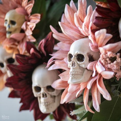 DIY Skull Sunflower Halloween Wreath | How to make a sunflower skull wreath | Easy Halloween wreath | DIY Halloween decor | Halloween wreath ideas | DIY wreath for Halloween | Skullflower | DIY Sunflower skull wreath | How to make skull sunflowers | Halloween decorating ideas | Halloween wreath tutorial | Easiest Halloween wreath | Cheap and easy Halloween decor | Sunflowers and skulls | #TheNavagePatch | TheNavagePatch.com Skull Sunflowers Halloween, Rainproof Halloween Decorations, Sunflower Skulls Halloween, Diy Free Halloween Decorations, Halloween Decorations Flowers, Floral Halloween Wreath, Dollar Tree Halloween Wall Decor, Easy Halloween Wreaths Dollar Tree, Diy Wall Halloween Decorations