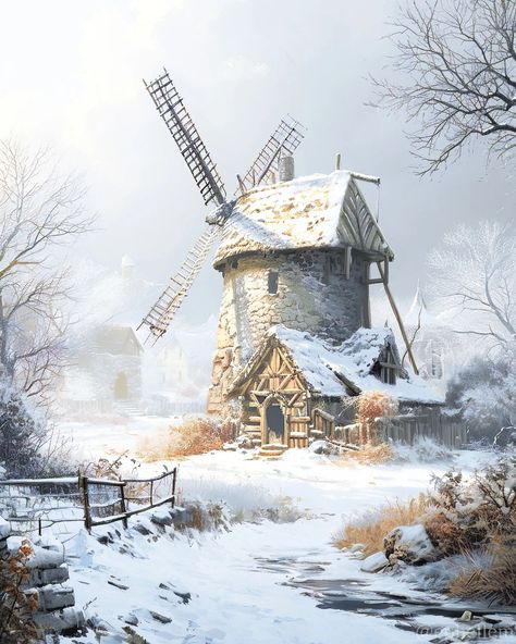 Winterly Windmill. 🌱 Created with Midjourney (AI). 🏰 Visit my profile @ephellem for more fantasy images! 🐉 Follow the link in my… | Instagram Fantasy Windmill, Medieval Windmill, Windmill Art, Earth Powers, Background Painting, Mood Images, Water Powers, Water Dragon, Fantasy Images