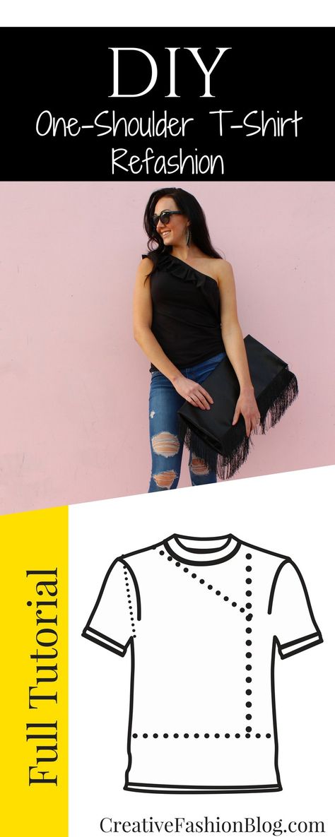 Make this 1 shoulder ruffle top from an old baggy t-shirt. This step by step tshirt refashion is the cutest and easiest sewing tutorial you have to try it out! Old Tshirt, Umgestaltete Shirts, Shirt Makeover, Diy Ruffle, Baggy T-shirt, Diy Clothes Refashion, Sewing Projects Clothes, Tshirt Refashion, Trendy Sewing