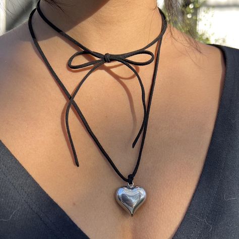 I might be biased but you should probably buy this on Depop 👍 https://depop.app.link/oKjet4bTRzb Tie Choker, String Necklace, Necklace Outfit, Cord Wrap, Heart Choker, Puffed Heart, Chunky Jewelry, Black Choker, Funky Jewelry