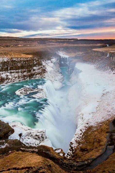 Gulfoss Iceland River Stream, Snow And Ice, Iceland Travel, Reykjavik, Places Around The World, Most Beautiful Places, Kolkata, Aerial View, Amazing Nature